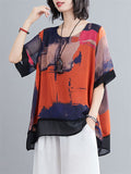 Women's Retro Print Round Neck Half Sleeve Cozy Chiffon Shirt