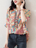 Colored Drawing Print V Neck Half Sleeve Rhinestone Shirt for Lady