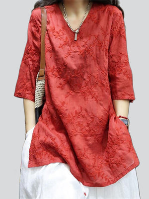 Leaf Embroidered Side Split Women's Casual Shirts