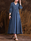 Women's Elegant V Neck Lantern Sleeve Pleated Denim Dress