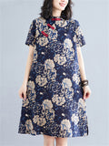 Women's White Peony Print Knee Length Navy Blue Qipao Dress