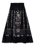 Female Black Satin Flower Embroidery Skirts