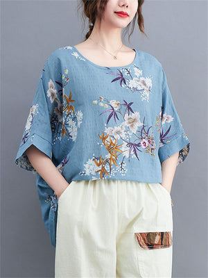 Female Bohemian Style Scoop Neck Half Sleeve Floral Print Shirt