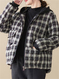 Women's Casual Hooded Zipper Short Plaid Cotton Coat