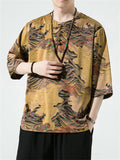 Retro Printed Ice Silk Rounded Collar Shirts for Male