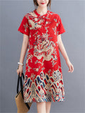 Women's Retro Dragon Print Chinese Style Knot Button Qipao