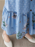 Women's Gentle Polka Dot Flower Print Pleated Denim Skirt