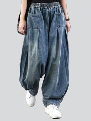 Solid Baggy Elastic Waist Jeans for Ladies