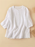 Retro Pleated Crew Neck Linen Short Sleeve Shirt for Female