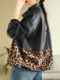 Retro Leopard Print & Black Patchwork PU Leather Jacket for Women