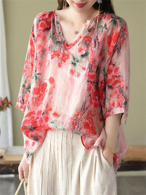 Beautiful Plum Blossom Print V Neck Short Sleeve Shirt for Women