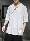 Men's Retro Linen V Neck Hanzi Embroidered Summer Shirt