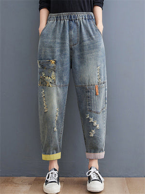 Women's Frayed Patch Printed Elastic Waist Multi-pocket Jeans