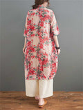 Vintage Red Plum Blossom Patch Pocket Irregular Hem Shirt for Women