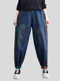 Lady Contrast Color Slim Distressed Denim Harem Pants