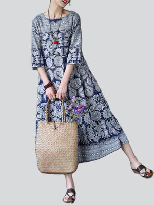 Lady Ethnic Style Printed Round Neck 3/4 Sleeve Dress