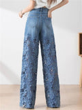 Women's Lace Flower Splicing High Waist Straight-Leg Jeans