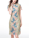 Female Spring Summer Elegant Contrast Color Flower Embroidery Qipao