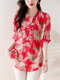 V Neck Tassel Button Floral Print Breathable Shirt for Lady