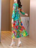 Ladies Temperament Silky V-neck Print Dresses