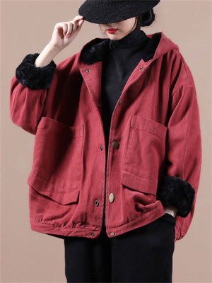 Women's Trendy Hooded Patch Pocket Plush Lining Coat