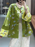 Ladies Elegant Round Neck Knot Button Floral Embroidery Jacket