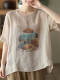 Women's Ginkgo Leaf Printed Round Collar Short Sleeve Shirt