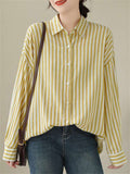 Summer Extra Thin Striped Lapel Button Up Shirt for Women