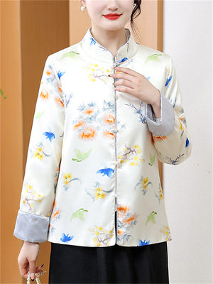 Women's Vintage Butterfly Flower Print Mulberry Silk Jacket