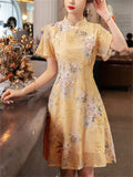 Elegant Ladies Flower Print Yellow A-line Qipao