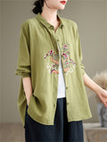 Women's Vibrant Flowers Embroidered Turn-down Collar Shirt