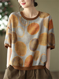 Women's Linen Silky Round Neck Short Sleeve Print Shirt