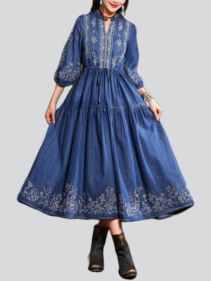 Female Elegant Embroidery Spring Summer Waist Denim Dress