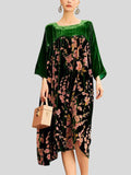 Women's Noble Green Square Neck Floral Print Velour Dresses