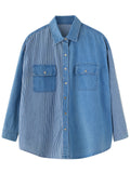 Lady Button Up Stripe Splicing Denim Shirts