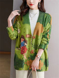 Cute Cartoon Print V Neck Button Long Sleeve Jacket for Women