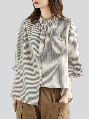 Female Popular Cotton Linen Button Up Pocket Striped Shirts