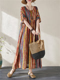 Round Neck Half Sleeve Striped Boho Dress for Women