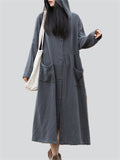 Lady Pure Color Literary Long Hooded Jacket with Pockets