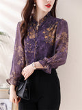 Women's Gold Floral Print Stand Collar Long Sleeve Purple Shirt