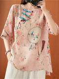 Ladies Chinese Style Tasseled Tuanshan Bird Floral Print Shirts