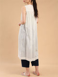 Female Simple Cotton Crew Neck Sleeveless Pleated A-Line Dress