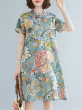 Summer Female Floral Print Round Neck Elegant Knee Length Dress