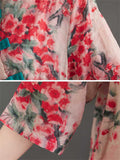 Vintage Red Plum Blossom Patch Pocket Irregular Hem Shirt for Women