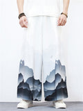 Men's Unique White Crane Landscape Print Wide-Leg Pants