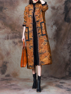 Female Ancient Landscape Print Faux Fur Collar Cotton Overcoat