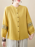 Women's Ethnic Embroideried Lantern Sleeve Stand Collor Button Linen Shirt