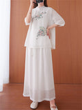 Chinese Style Peach Blossom Fan Embroidery Female Half Sleeve Shirt