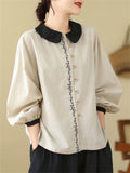 Lady Elegant Sweet Lantern Sleeve Contrast Color Shirt