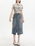 Women's Semicircle Embroidery Front Split Denim Skirts